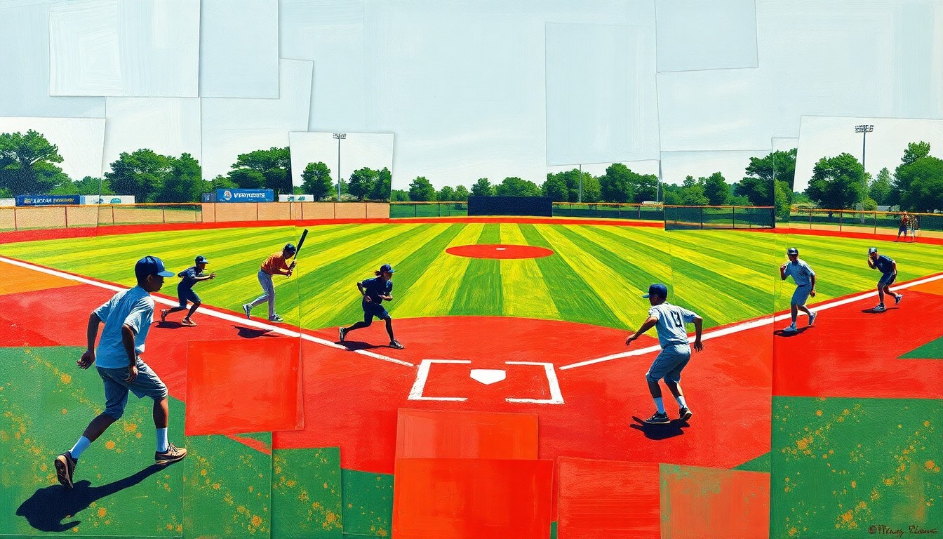 A fragmented, geometric painting depicting the dynamic movements and competing viewpoints of a high school softball game, rendered in a cubist style with sharp planes of green, red, and silhouetted figures.