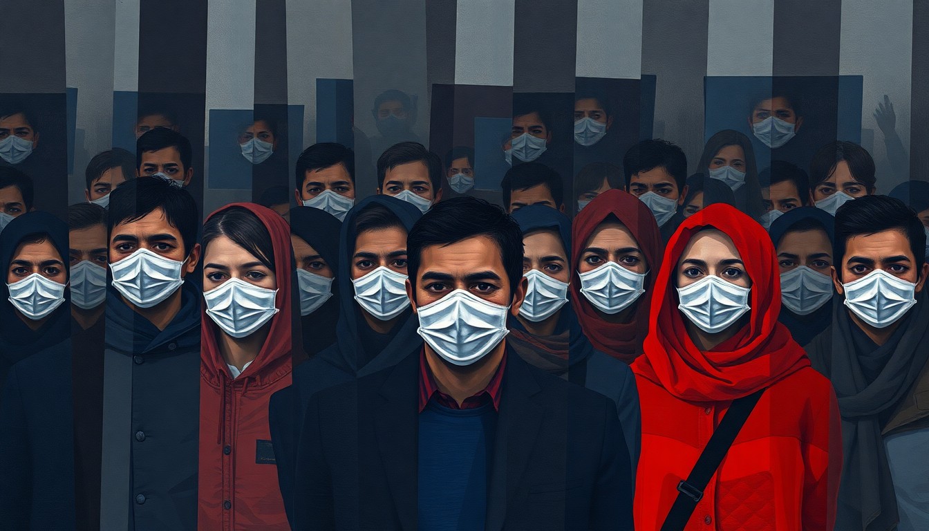 A fractured, abstract painting depicting a group of protesters wearing masks, their faces and bodies repeated in overlapping geometric shapes and waves of muted colors, conceptually representing the contradictions and hypocrisy within the 'No Kings' protest movement.