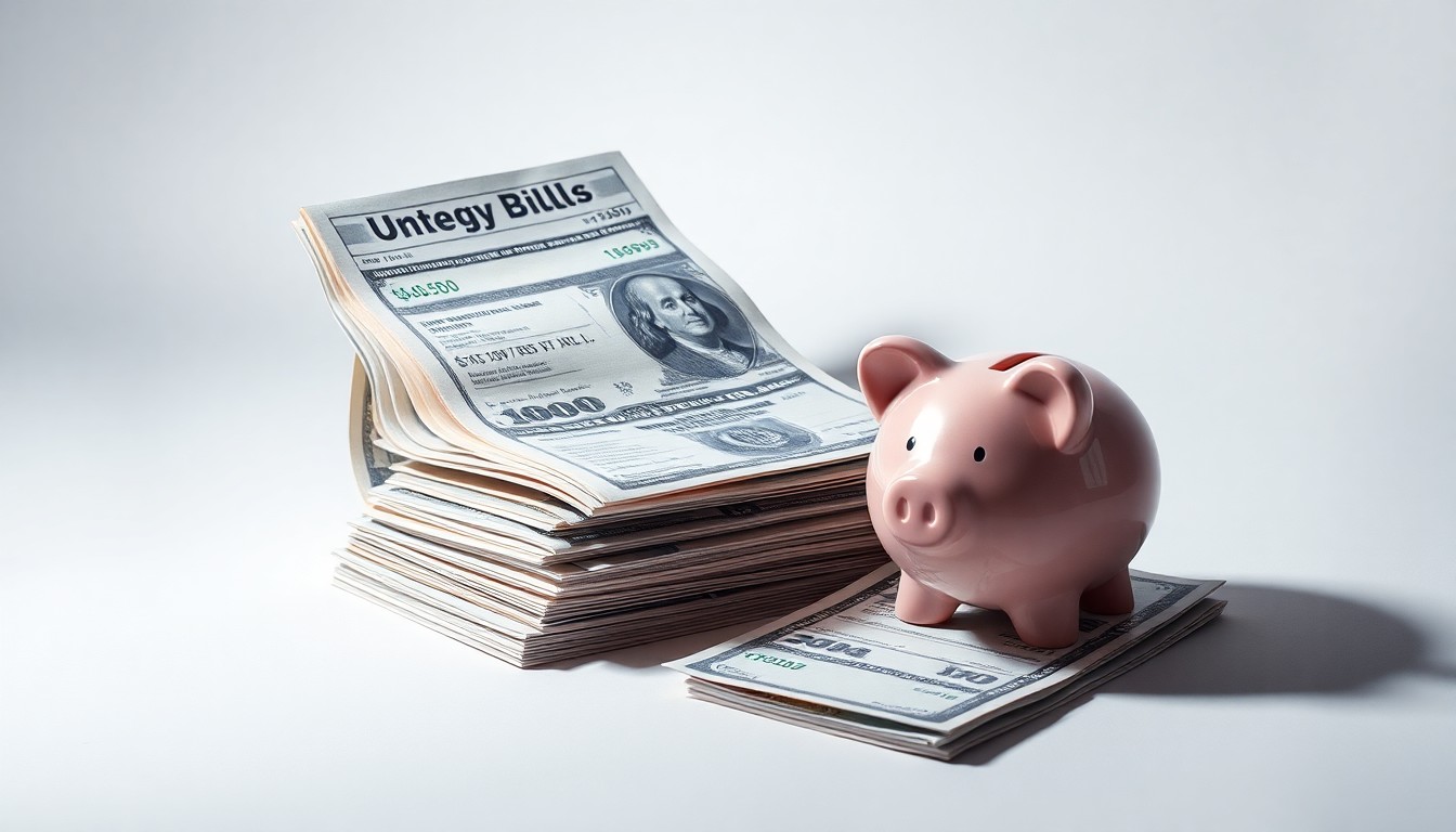 A photorealistic studio still-life image featuring a stack of utility bills and a piggy bank, symbolizing the financial burden of rising electricity costs on West Virginia residents. The clean, minimalist composition and dramatic lighting create a powerful visual metaphor for the disconnect between political promises and real-world outcomes.