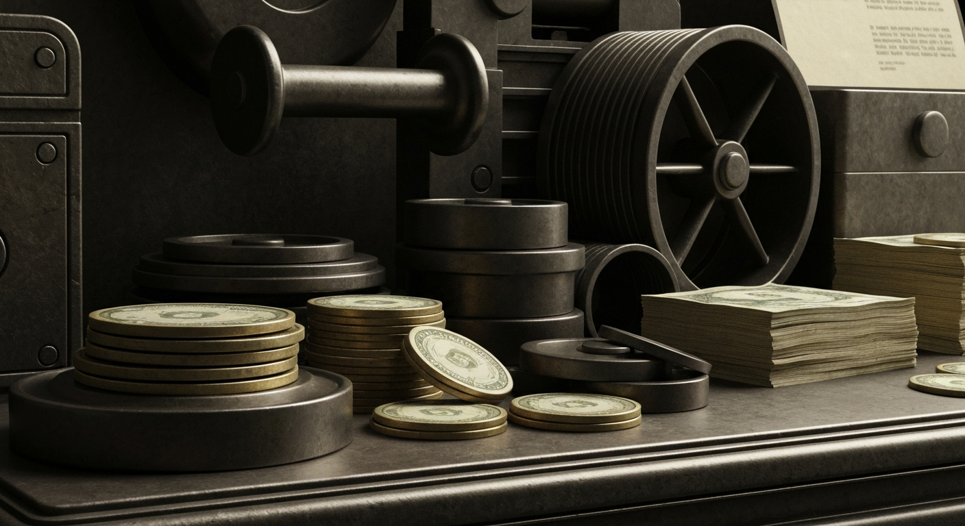 An extreme close-up of gears, levers, and other industrial banking equipment, conveying the heavy, physical nature of financial infrastructure without depicting any specific logos or branding.