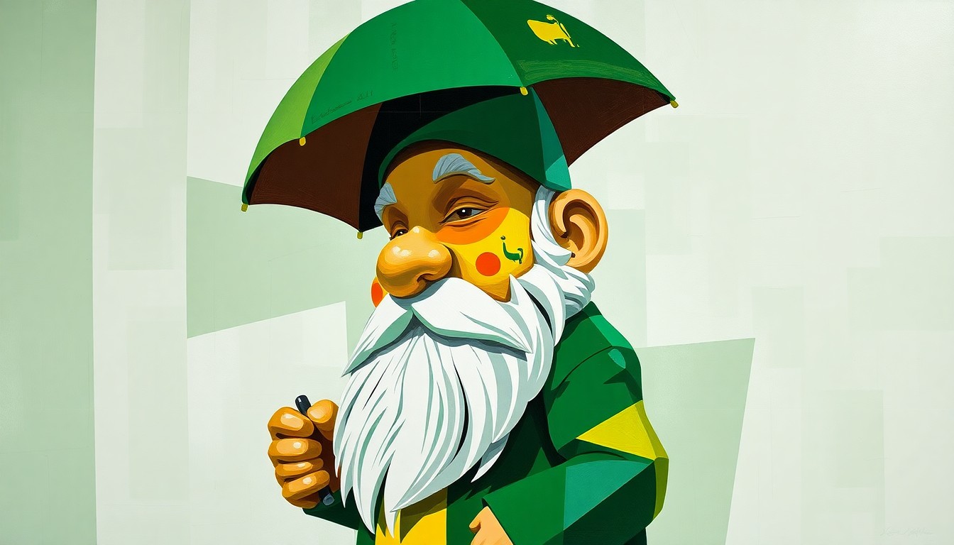 A cubist-style painting depicting a Masters Tournament garden gnome with a fully functional umbrella, broken down into sharp, overlapping geometric shapes in vibrant colors of green, gold, and white, capturing the unique and exclusive nature of this sought-after collectible.