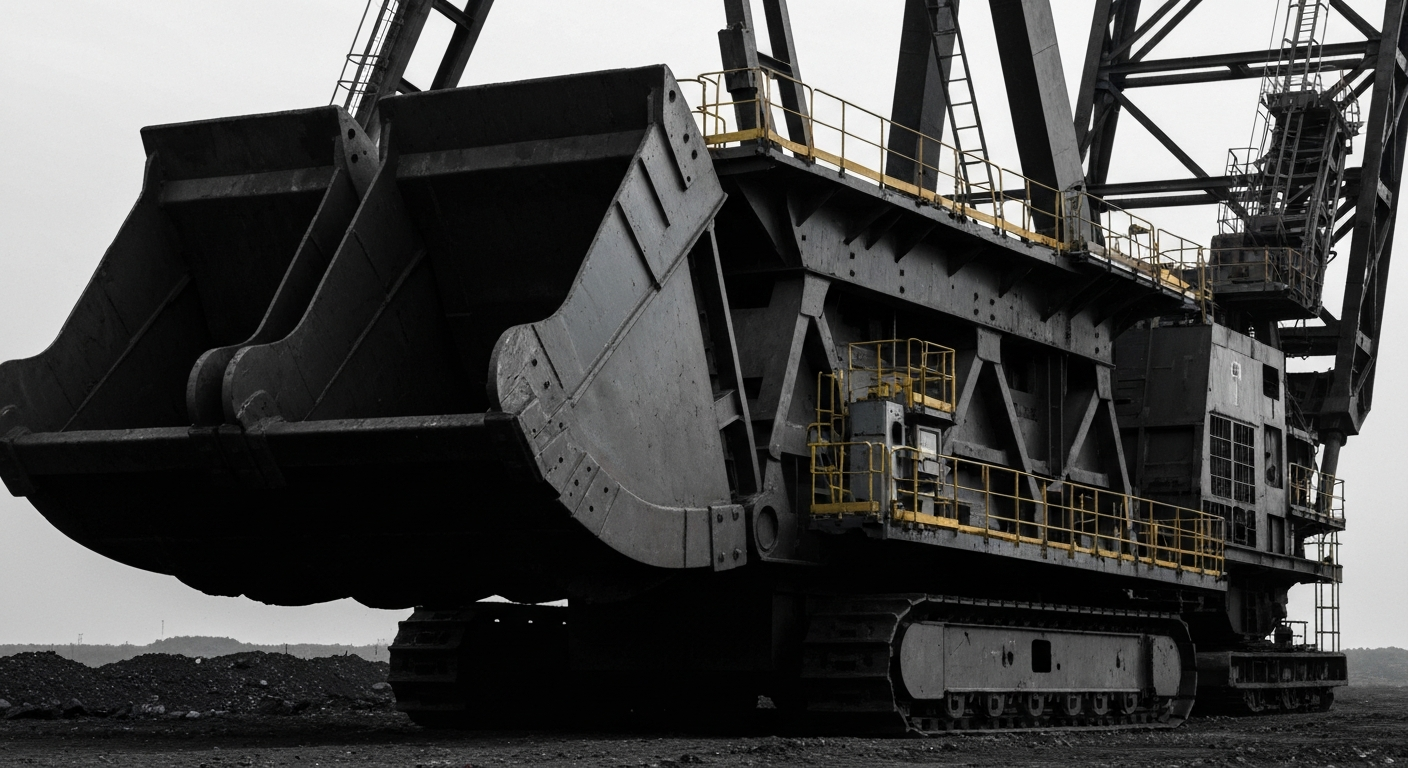 A dramatic, high-contrast close-up of large, industrial coal mining equipment, representing the physical assets and infrastructure of the coal industry in a visually powerful, wordless metaphor.