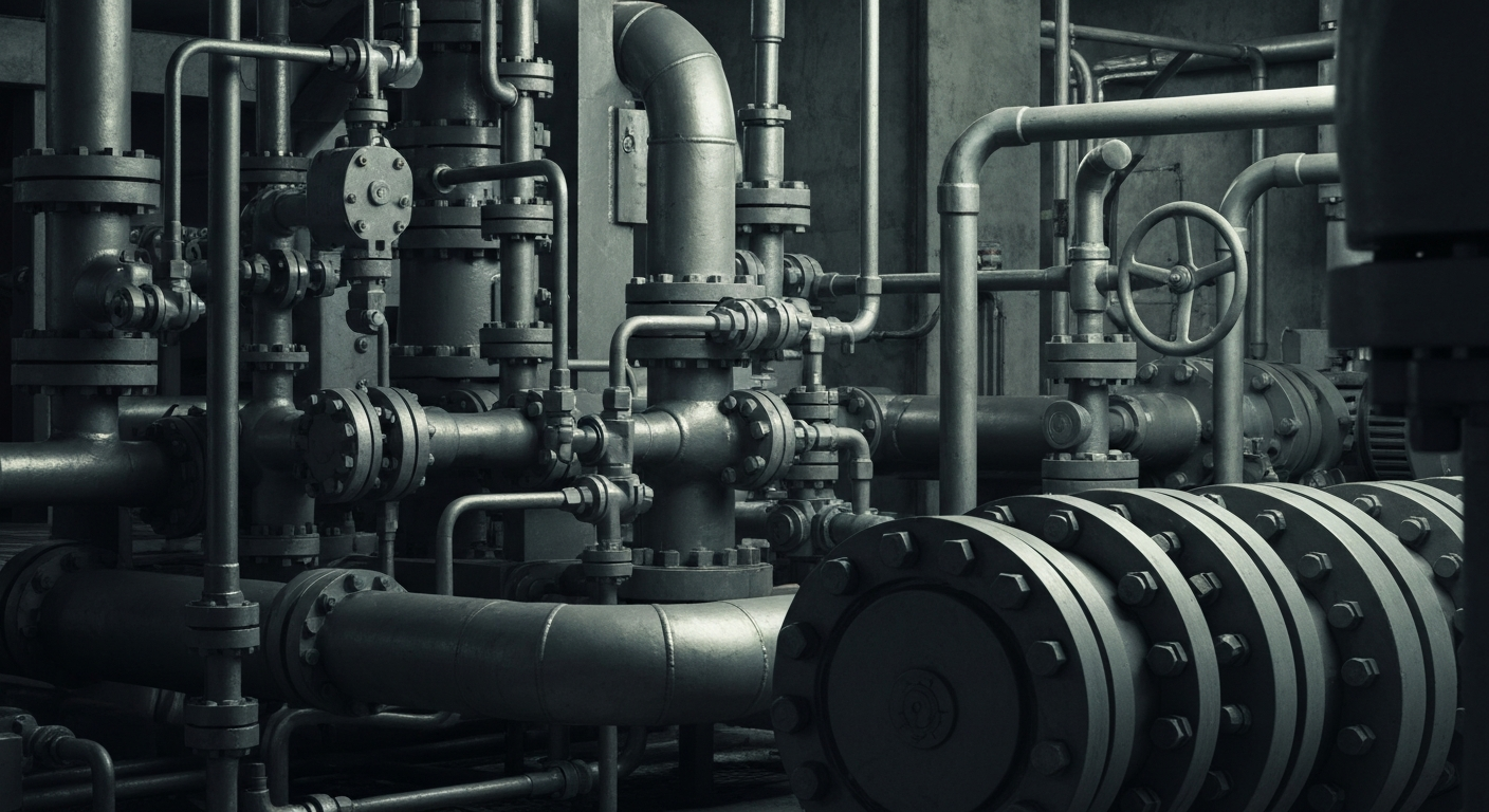 An extreme close-up of a tangle of industrial pipes, valves, and machinery, conveying the intricate and powerful nature of midstream energy operations without any text or identifiable elements.