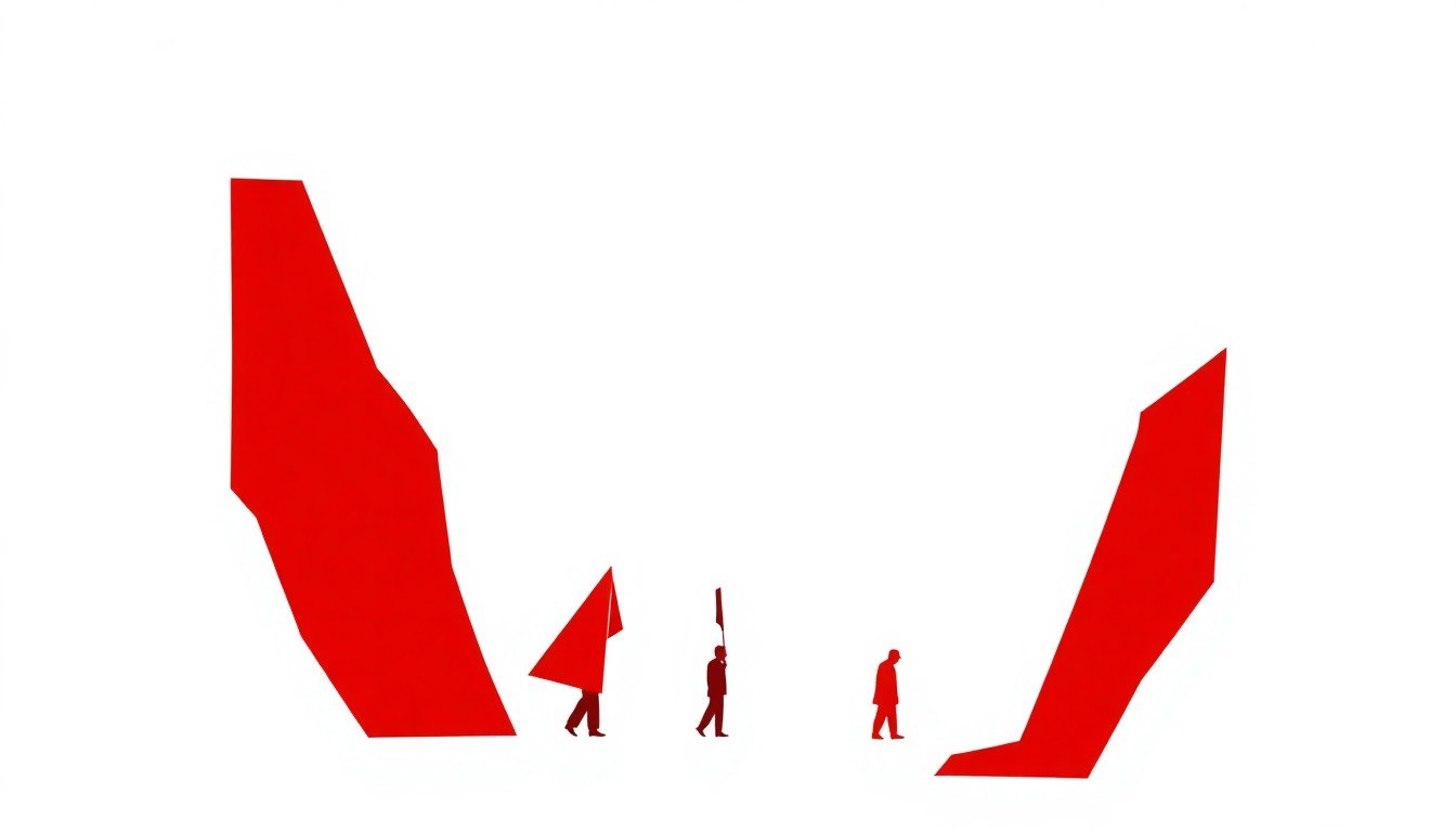 A dynamic abstract composition of jagged red and white geometric shapes, conceptually representing the diverse international films featured at the prestigious Cannes Film Festival.