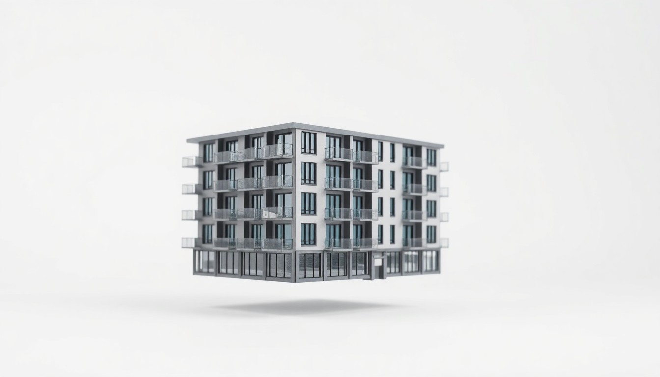 A minimalist, high-contrast studio photograph featuring a sleek, modern architectural model of a multi-unit residential building, made from polished metal and glass materials, floating on a clean white background to symbolize the new Pound Hill Estates development in North Smithfield.