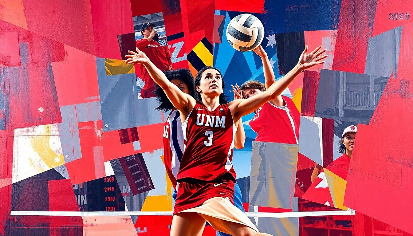 A fragmented, geometric painting depicting a volleyball player's powerful swing, with sharp, overlapping planes of cherry red and silver colors representing the UNM Lobos uniform.