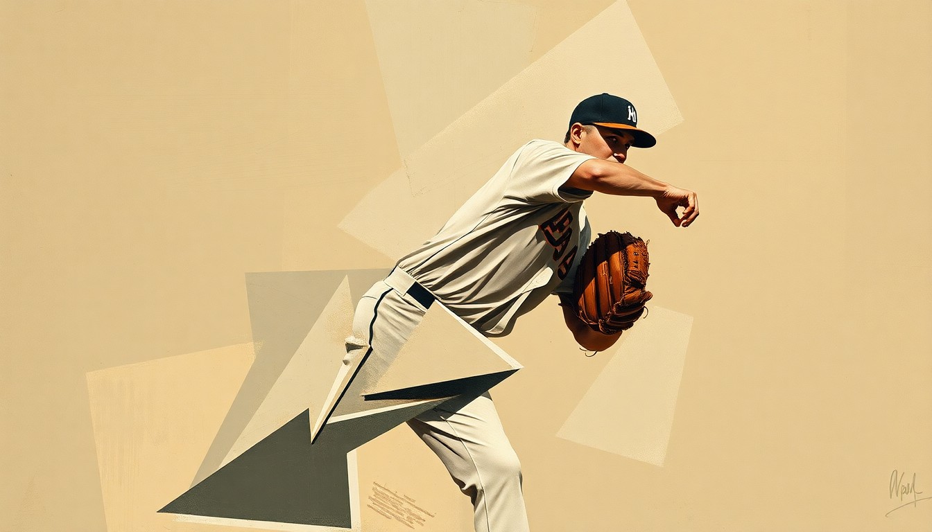 A fractured, geometric painting depicting a baseball pitcher's motion broken down into sharp, overlapping planes in muted earth tones, conceptually representing the challenges of an injury-plagued comeback.
