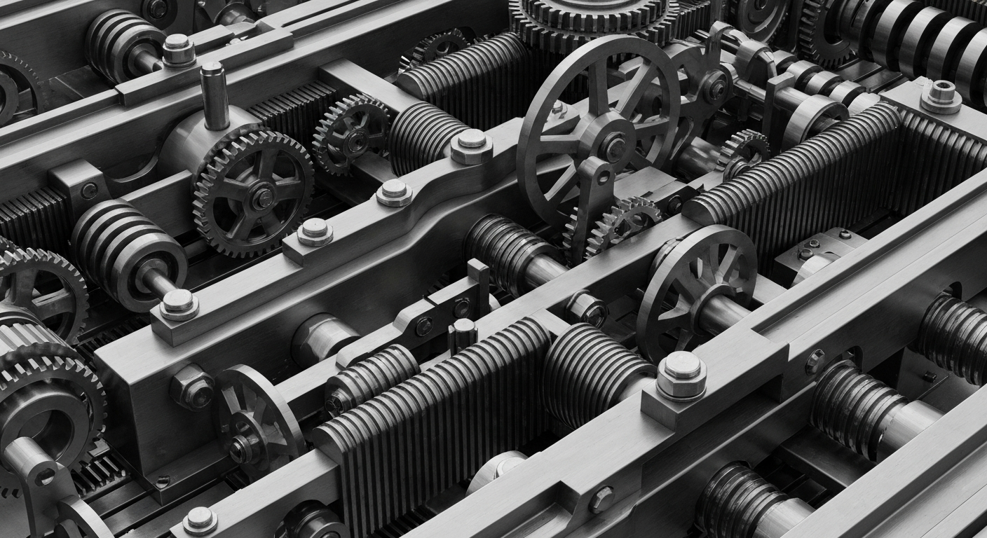 A cinematic close-up of a complex network of metal gears, cogs, and levers, representing the inner workings of a financial institution. The image conveys a sense of power, precision, and industrial might, capturing the scale and complexity of modern banking systems.