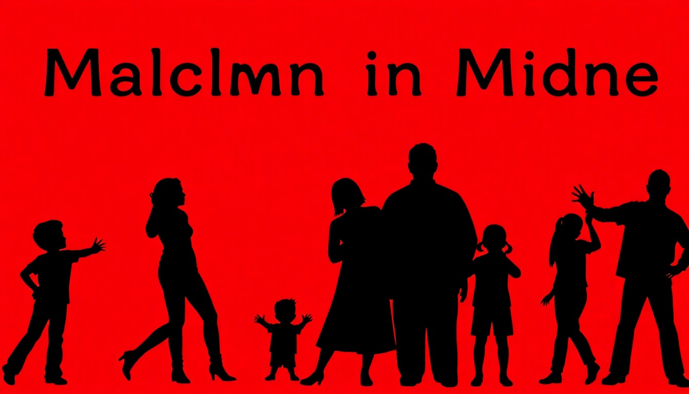 A minimalist, abstract illustration featuring black silhouettes of the Malcolm in the Middle family members in dynamic poses, set against a bright red background, conceptually representing the show's signature blend of comedy and heart.