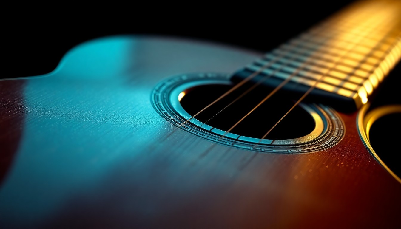 An extreme close-up photograph of a guitar, capturing the intricate details and worn texture of the instrument in a high-contrast, glamorous style.