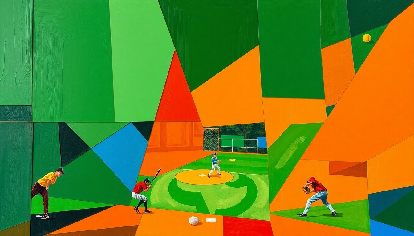 A vibrant, fragmented painting depicting a high school softball game, with the players and field broken down into sharp, overlapping geometric shapes in a palette of deep greens, oranges, and blues, conveying the dynamic nature of the sport.