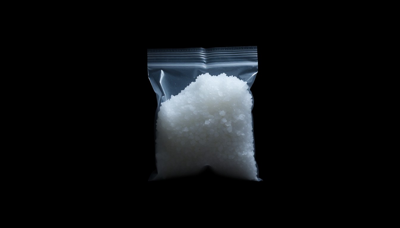 An extreme close-up of a small plastic bag containing a white crystalline substance, the contents dramatically illuminated by a harsh camera flash against a pitch-black background, conceptually representing the deadly impact of the opioid crisis.