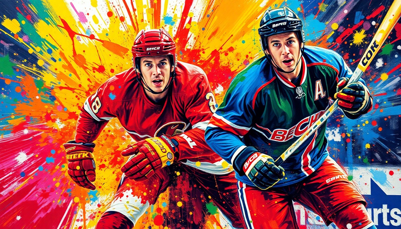 An abstract expressionist painting in neon colors, with rapid brushstrokes depicting the dynamic movements of hockey and baseball players, their faces and uniforms dissolving into a vibrant, energetic composition.