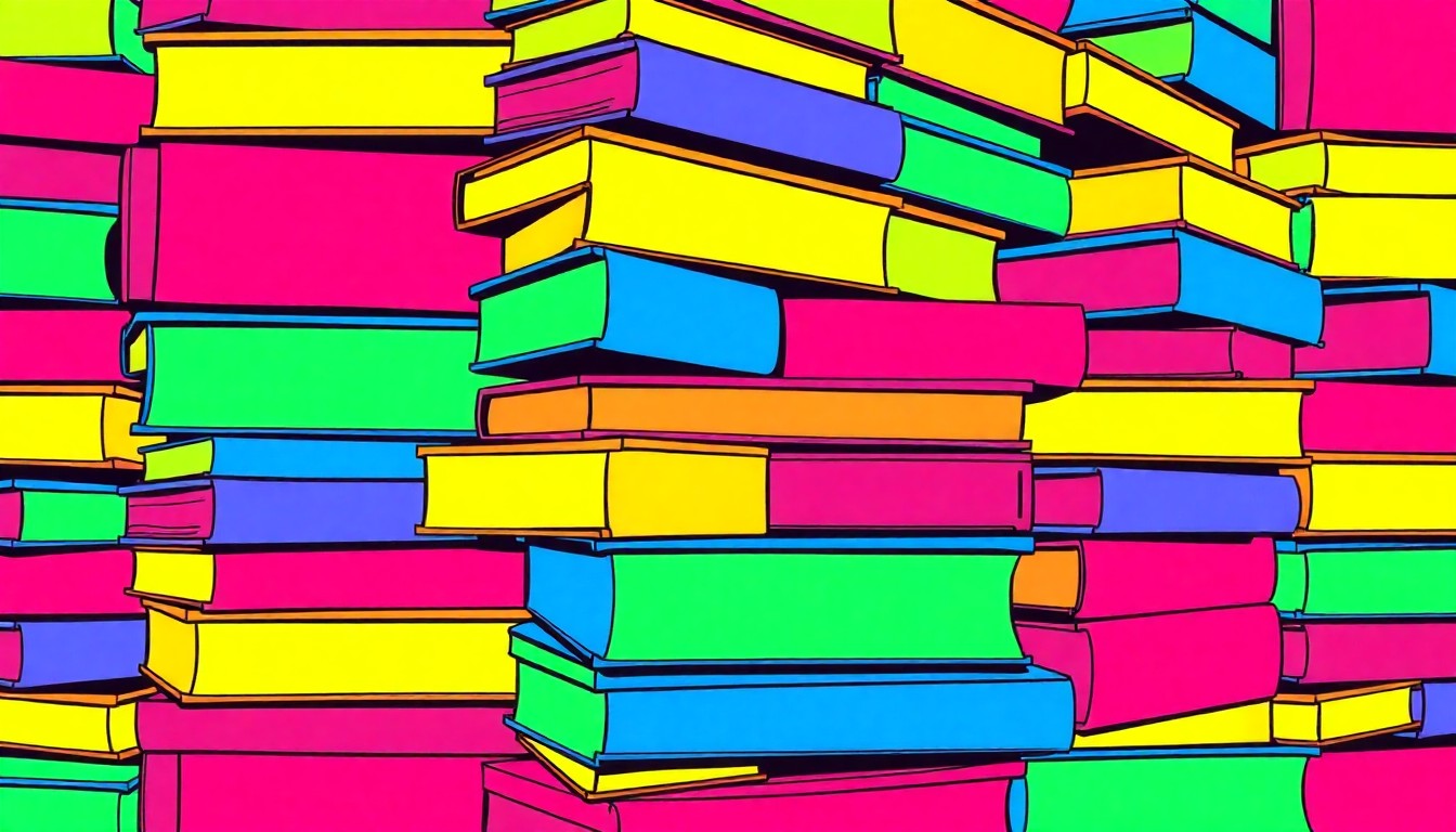 A vibrant, high-contrast silkscreen print featuring a repeating grid of brightly colored textbooks, conceptually representing the impact of school funding decisions on the local community.