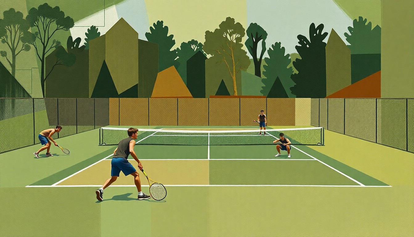 A fragmented, multi-perspective painting in the style of Pablo Picasso, breaking down a boys' tennis match into sharp, overlapping geometric shapes and planes in earthy tones, conveying the dynamic action of the sport.