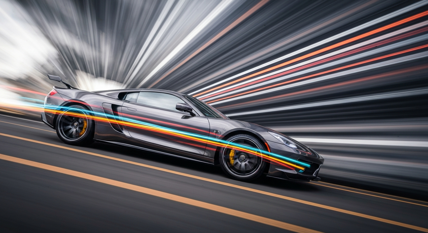 An abstract, colorful image created through motion blur, depicting the dynamic movement and engineering of a high-performance sports car.