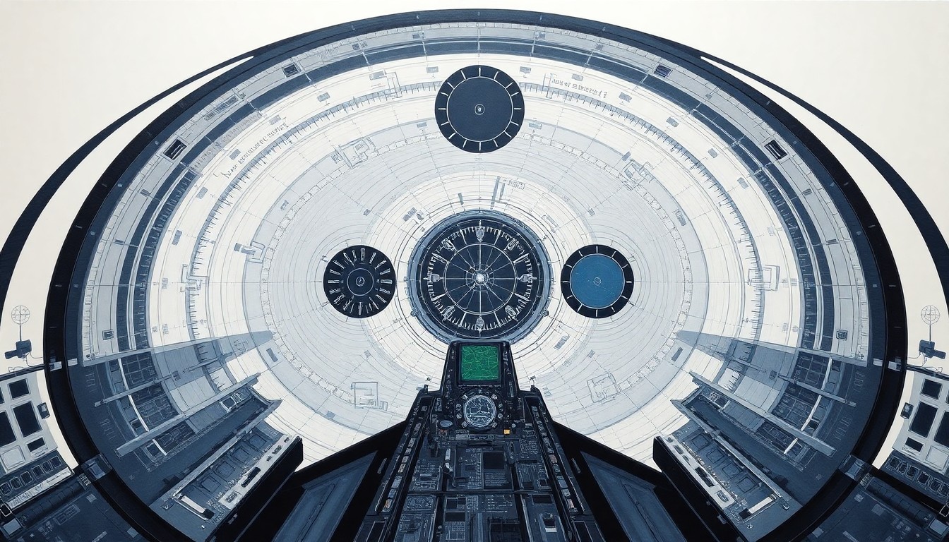 A highly structured, geometric abstract painting in muted tones of blue, grey, and silver, visualizing the complex instrumentation and cockpit design of the SR-71 Blackbird through sweeping arcs, concentric circles, and precise spirals, conveying the technical precision and engineering prowess behind this iconic aircraft.