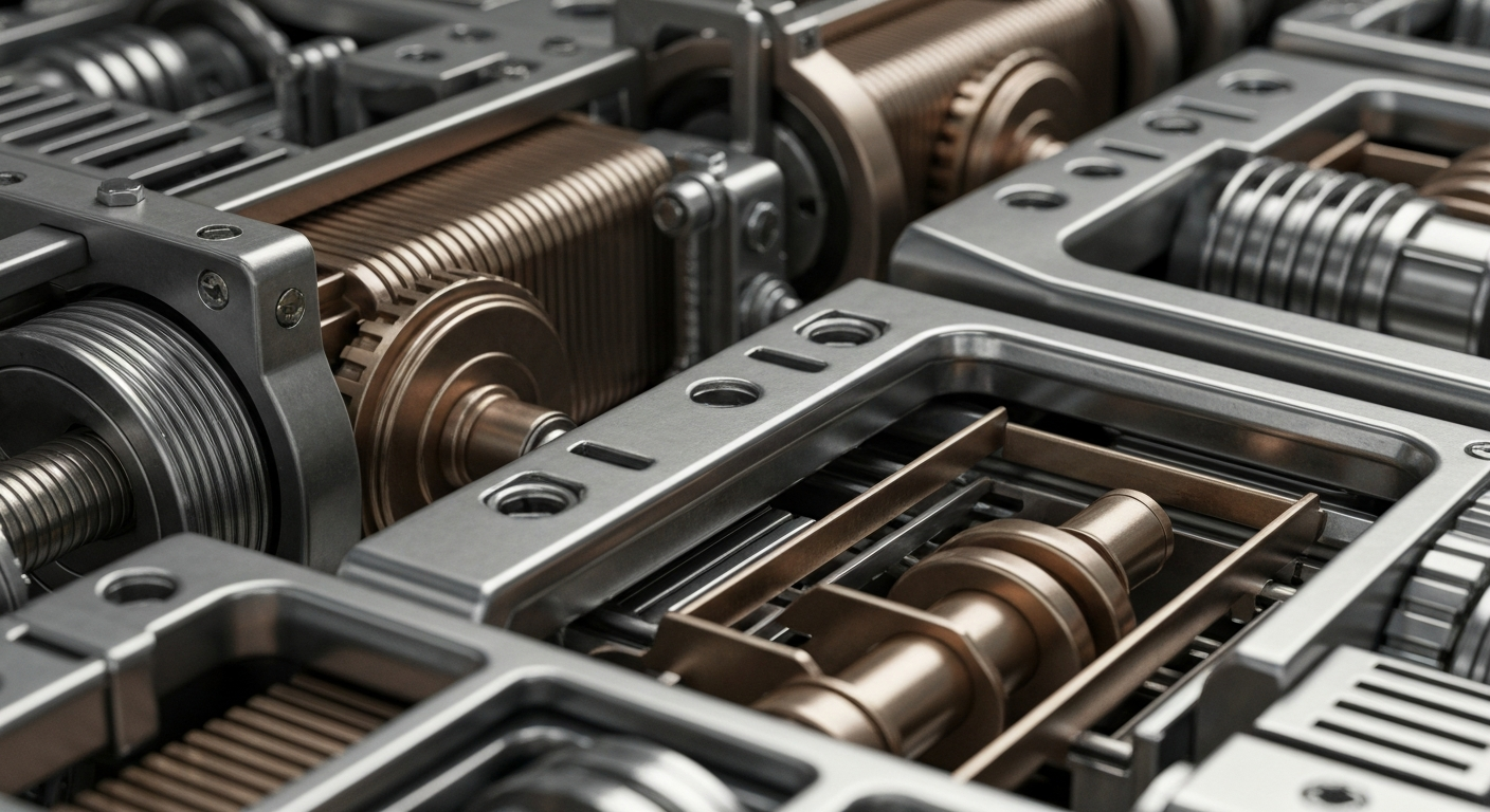 A highly detailed, close-up image of complex, industrial banking equipment and mechanisms, conveying a sense of institutional financial power and security without using any text or symbols.