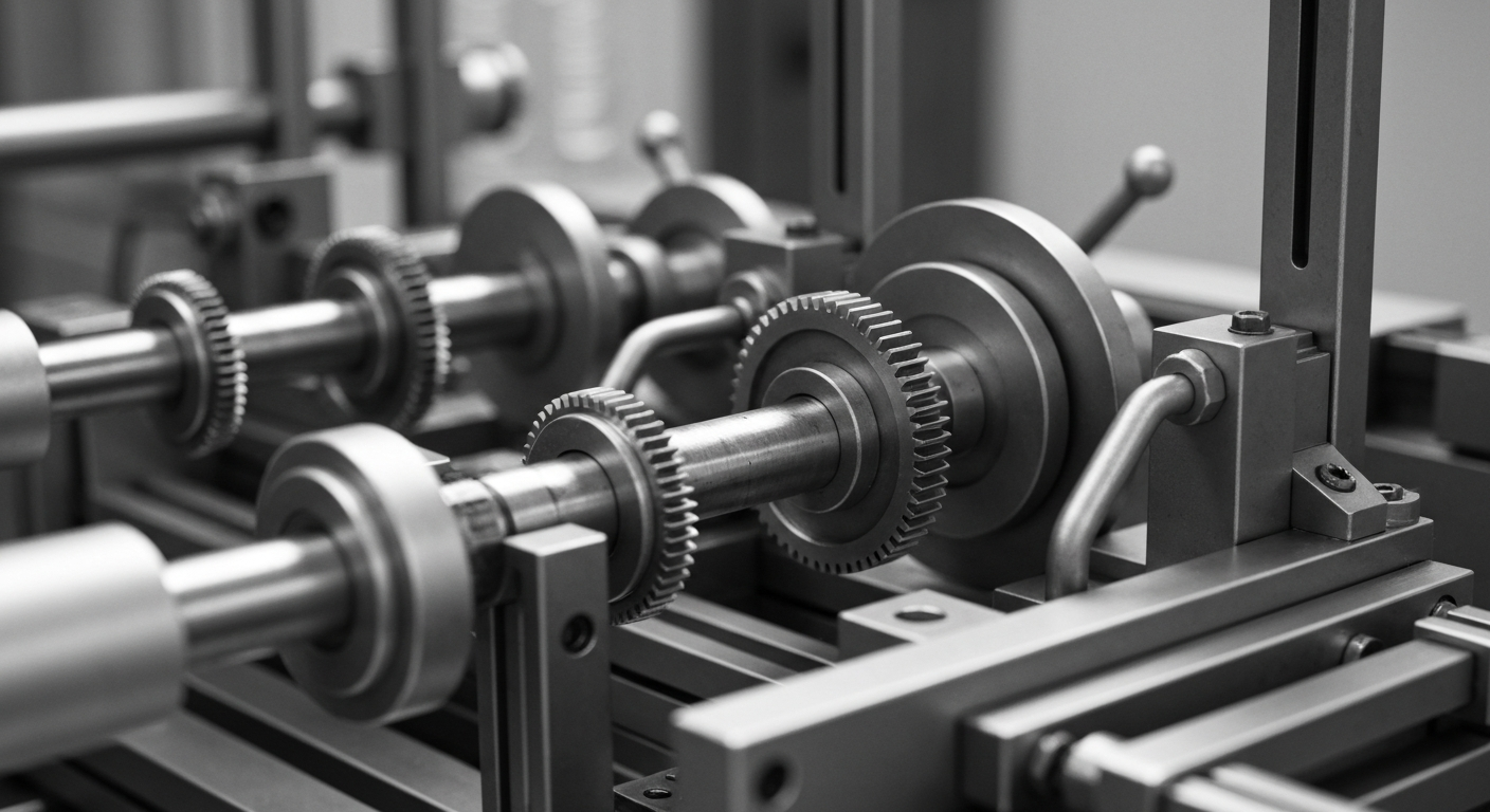 A high-contrast, close-up view of the complex machinery and components that make up a modern dental equipment manufacturing facility, conveying a sense of industrial power and precision without the use of any text or identifiable branding.