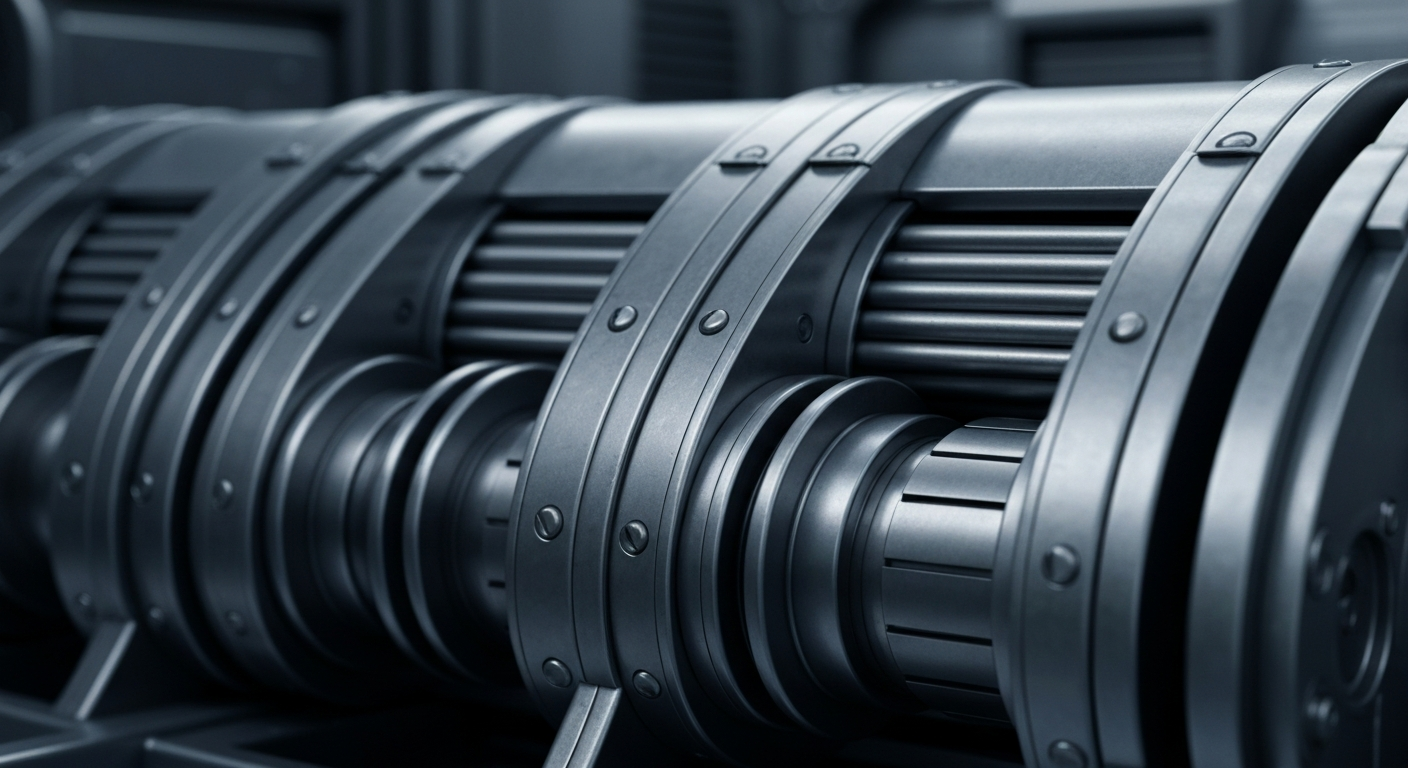 An extreme close-up of intricate, interlocking metal gears and levers in a banking vault, representing the complex machinery behind institutional finance.