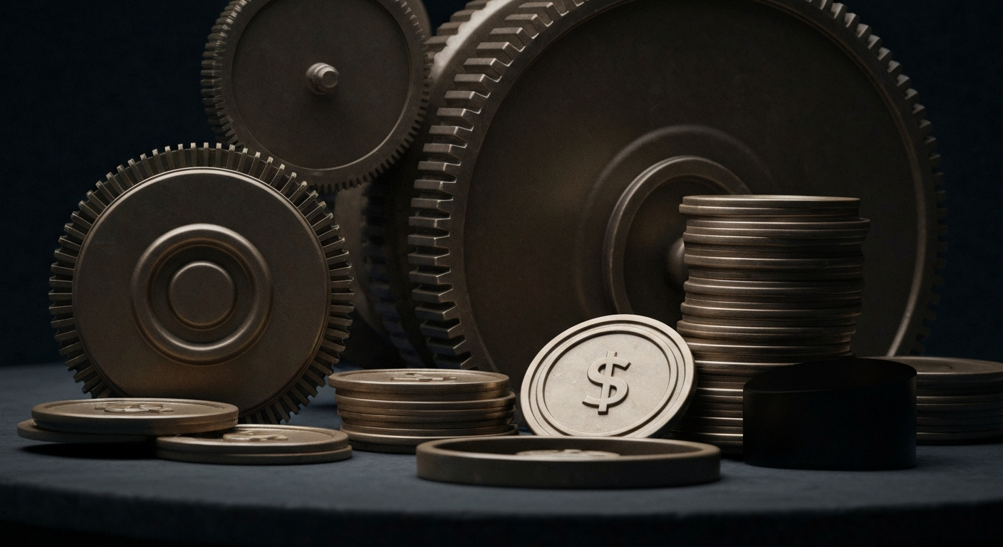 A highly detailed, black-and-white close-up image of gears, levers, and other industrial components, conveying the tangible, mechanical nature of institutional finance without depicting any literal currency or financial symbols.