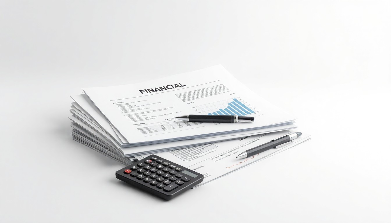 A minimalist, photorealistic studio still life featuring a stack of financial reports, a calculator, and a pen arranged on a clean, monochromatic background, symbolizing the abstract concepts of corporate finance and market analysis.