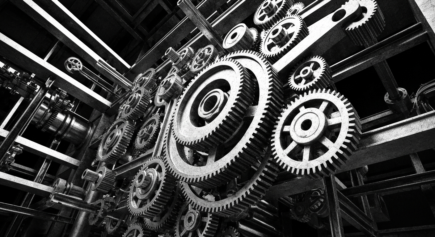 A high-contrast black and white close-up image of the complex inner workings of a financial institution, conveying the idea of institutional investment decisions and portfolio adjustments.