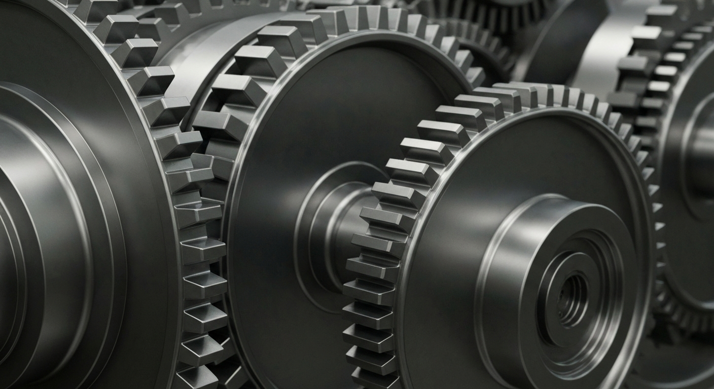 A highly detailed, cinematic close-up photograph of the heavy, polished metal gears and machinery that power the operations of a large meat processing facility, conveying a sense of industrial strength and financial stability.