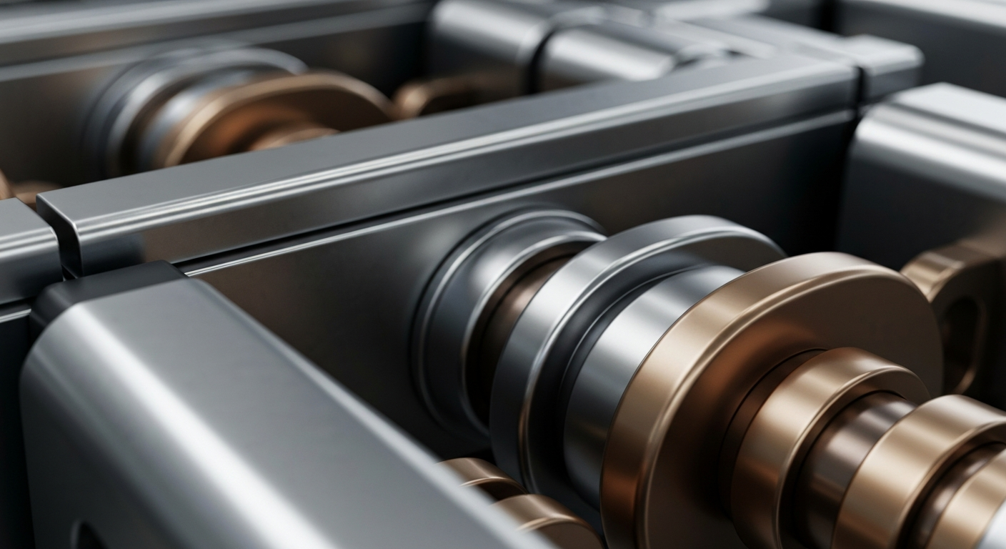 An extreme close-up of intricate, heavy banking machinery and components in shades of steel grey, bronze, and chrome, conceptually representing the secure infrastructure and institutional strength of the regional banking sector.