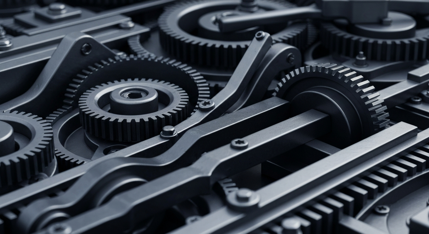 An extreme close-up of intricate, industrial-looking machinery in muted tones, conceptually representing the complex financial infrastructure behind the title insurance industry.