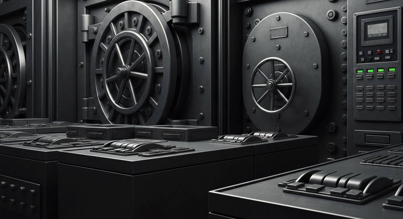 An extreme close-up of various heavy, industrial banking equipment and machinery, conveying the tangible, secure nature of financial institutions.