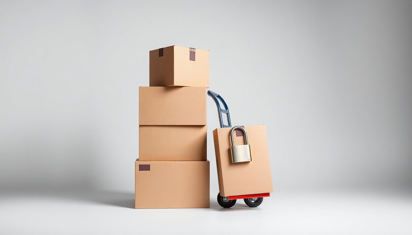 A photorealistic studio still life featuring a stack of moving boxes, a hand truck, and a padlock arranged on a clean, monochromatic background, symbolizing the logistics and asset management behind U-Haul's moving and storage services.