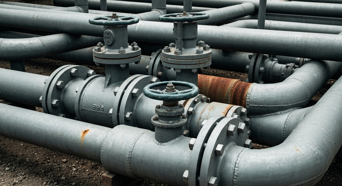 An extreme close-up of heavy, industrial water pipes and valves in muted tones of steel grey and rust, conveying the tangible infrastructure that powers a utility company's operations.