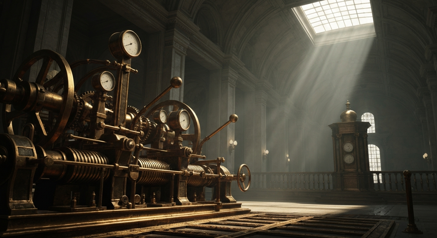 A highly detailed, industrial close-up of gears, levers, and sensors representing the technological backbone enabling the transition to value-based healthcare models.