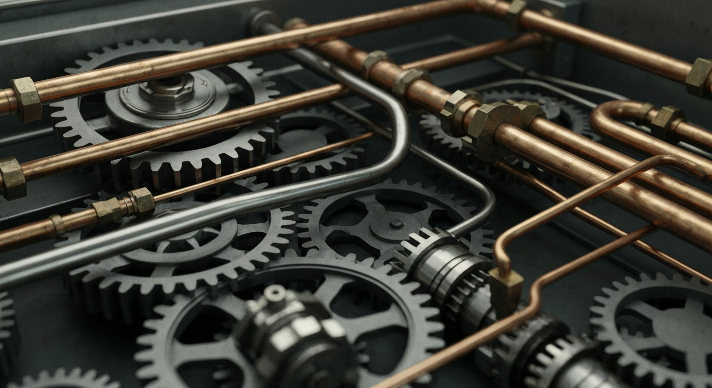 A highly detailed, black-and-white close-up image of industrial banking equipment and mechanics, conveying the physical, institutional nature of finance without using any literal financial symbols.
