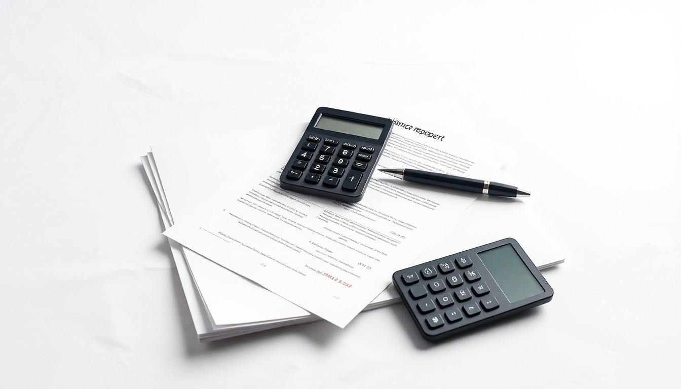 A high-end, photorealistic studio still-life photograph featuring a stack of financial reports, a calculator, and a pen arranged elegantly on a clean, white seamless background, conceptually representing the abstract corporate strategy and finance behind Albertsons' recent stock activity.