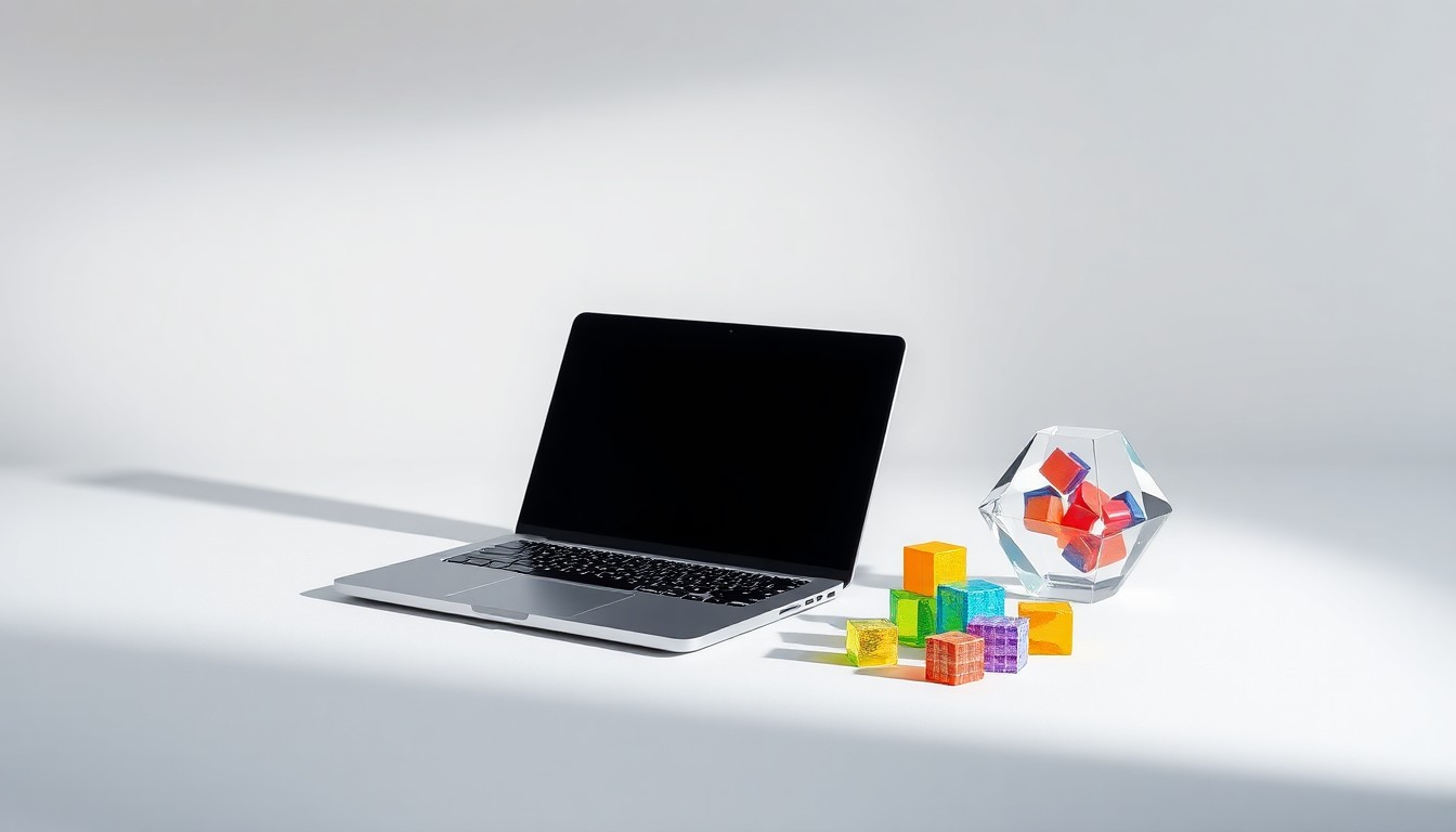 A high-end studio photograph featuring a sleek laptop, geometric glass paperweight, and colorful data cubes arranged elegantly on a clean white background, symbolizing the abstract concepts of enterprise AI strategy and technology modernization.