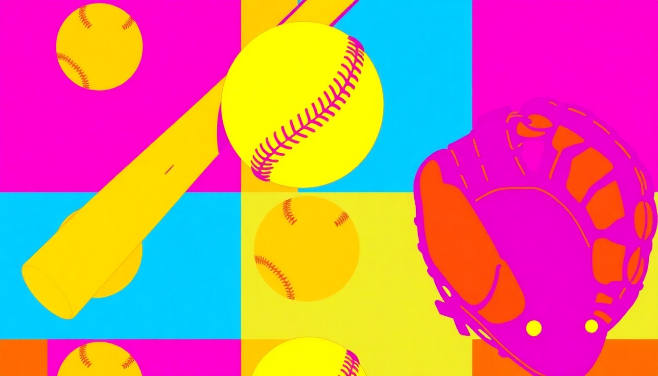 A bold, colorful silkscreen print featuring repeated images of a softball, baseball bat, and glove in a vibrant, pop art style, conceptually representing the community-focused sports event.