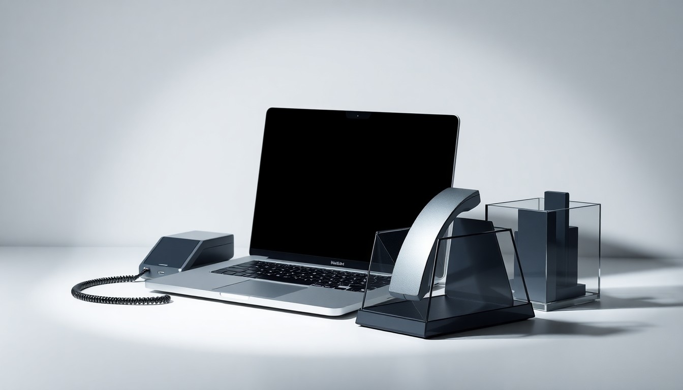 A high-end, photorealistic studio still life featuring a sleek laptop, stylized office phone, and geometric desk organizer in polished metal and glass, arranged elegantly on a clean, monochromatic background to represent the abstract concepts of business process outsourcing, technology-driven services, and urban redevelopment.