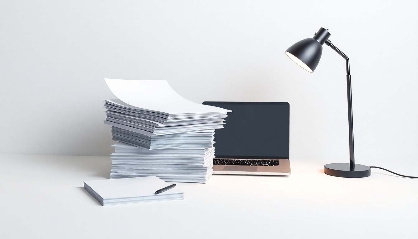 A minimalist studio still life featuring a stack of business documents, a laptop, and a desk lamp, representing the abstract concepts of corporate strategy and technology-driven transformation in the outsourcing industry.