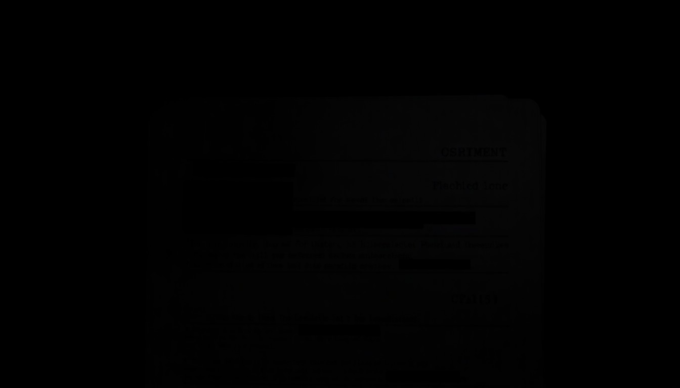 An extreme close-up photograph of a redacted government document or classified file folder, lit by a harsh, direct camera flash against a pitch-black background, creating a stark, gritty, investigative aesthetic.
