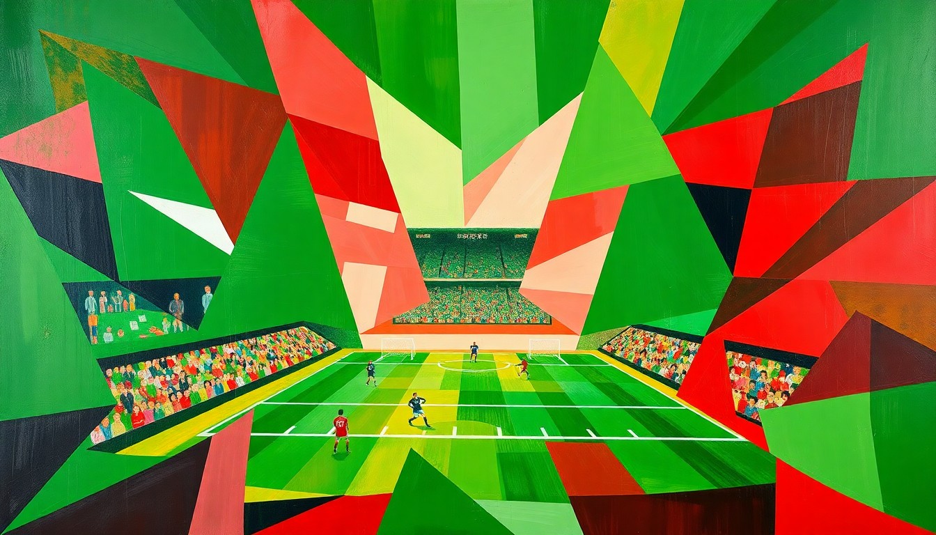 A fragmented, geometric painting depicting the dynamic action of a Gaelic football match between two rival teams, with sharp planes of green, red, and white overlapping to create a sense of movement and intensity.