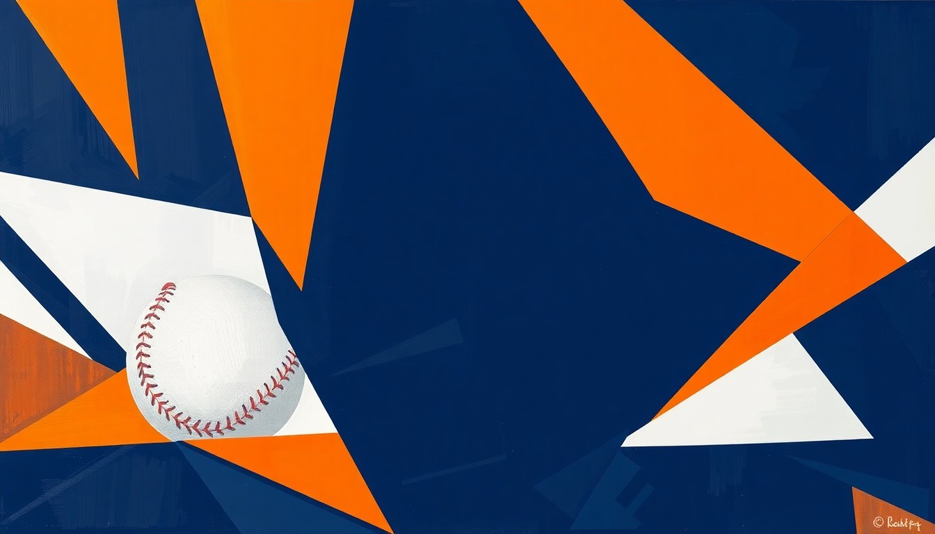 A fragmented, geometric painting in navy blue, orange, and white, capturing the dynamic action and competitive energy of a high school softball game between two crosstown rivals.