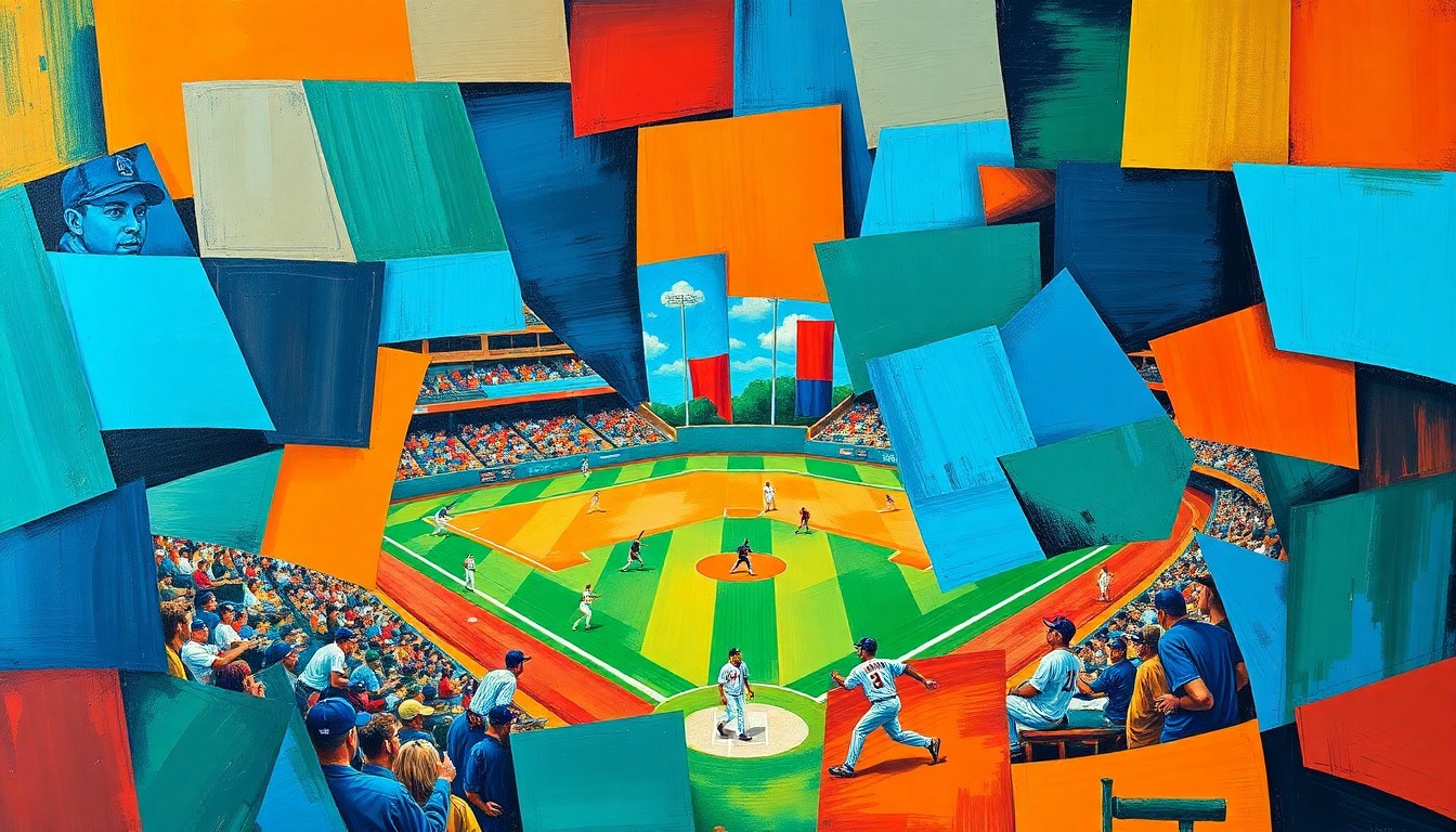 A fractured, geometric painting in vibrant blues, oranges, and greens, depicting the movements and actions of baseball players in an abstract, deconstructed style, conceptually representing the injuries to the LSU baseball team.