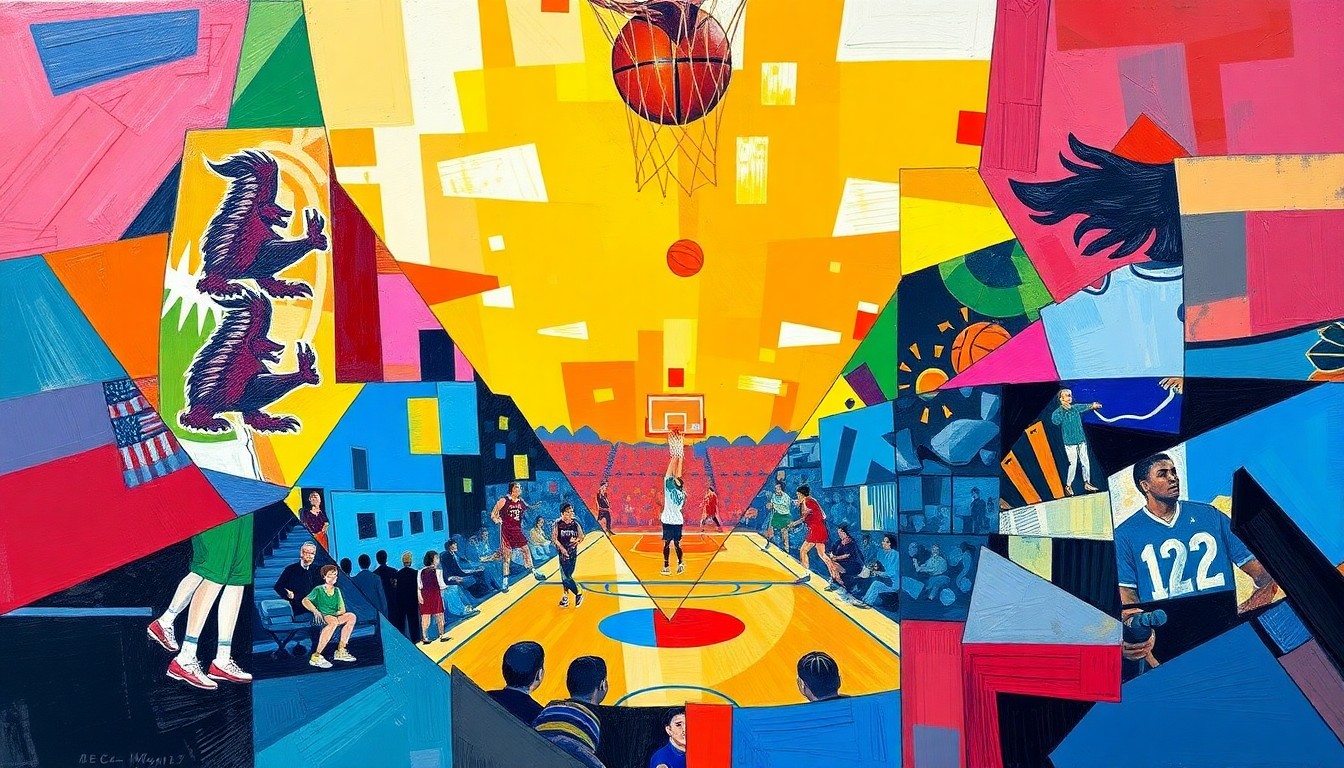 A fractured, cubist-style painting depicting the motion and energy of a women's basketball game, with the players' forms broken down into overlapping geometric shapes and planes in the colors of the South Carolina Gamecocks and UCLA Bruins uniforms.