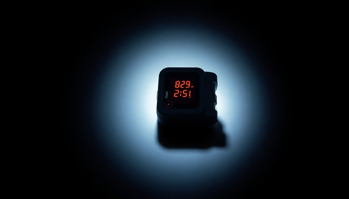 An extreme close-up photograph of a child's pulse oximeter device against a pitch-black background, lit by a harsh, direct camera flash, conveying the urgency and gravity of the emergency situation.