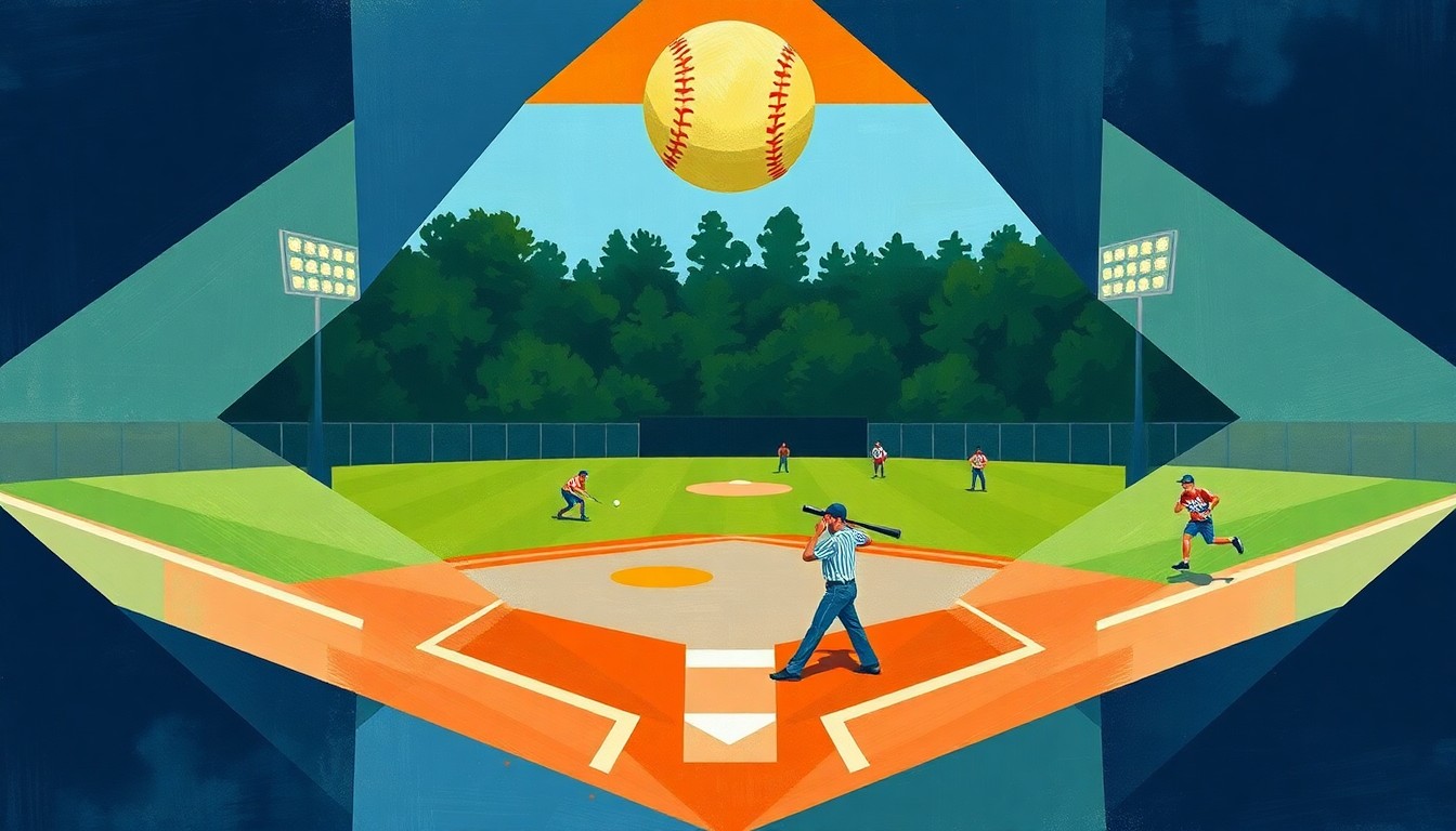 A fragmented, geometric painting in shades of navy, green, and orange, depicting a softball game in an abstract, cubist style.