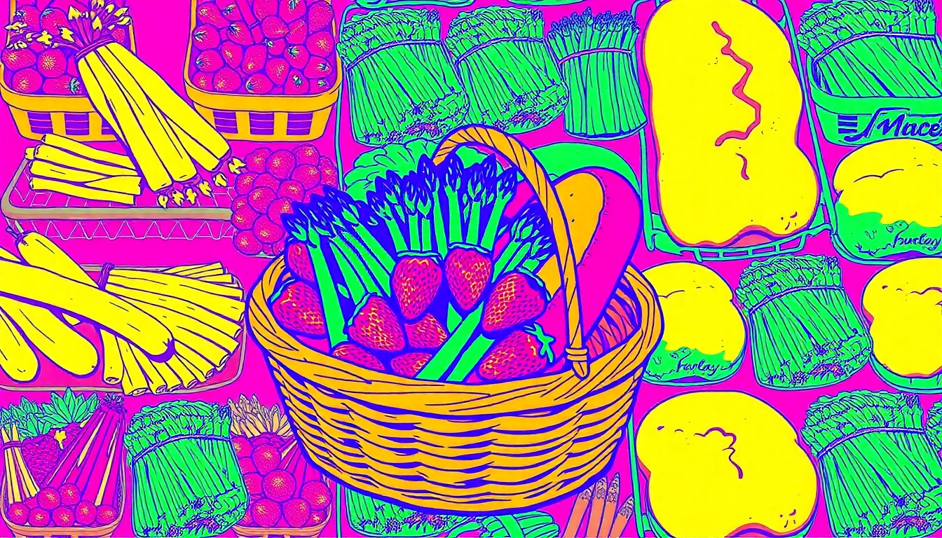 A high-contrast silkscreen print in neon colors depicting a repeating grid pattern of a single iconic farmers' market item, such as a basket of ripe strawberries or a bundle of fresh asparagus, conceptually representing the energy and variety of the Castro Farmers' Market.