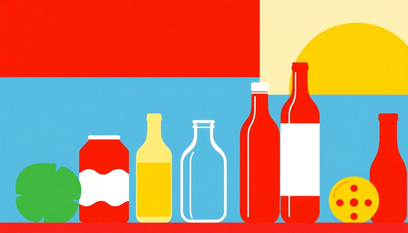 A bold, geometric illustration using primary colors and clean lines to conceptually represent the rising prices of canned foods and beverages due to steel and aluminum tariffs.