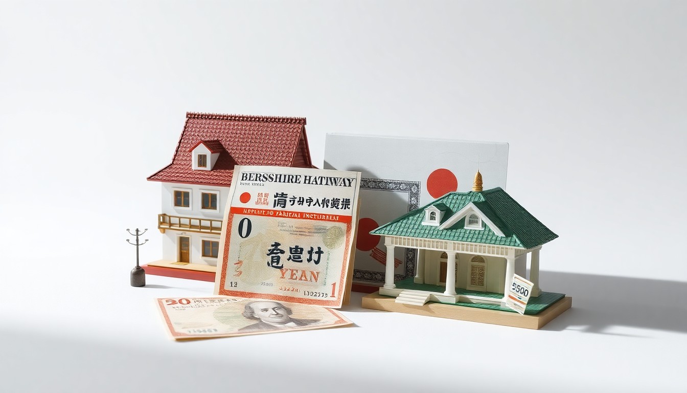 A minimalist, high-contrast studio photograph featuring a carefully arranged composition of premium business objects like a Japanese yen note, a Berkshire Hathaway stock certificate, and a model of a Japanese trading house, all set against a clean, monochromatic background to symbolize Berkshire's strategic shift towards international investment opportunities.